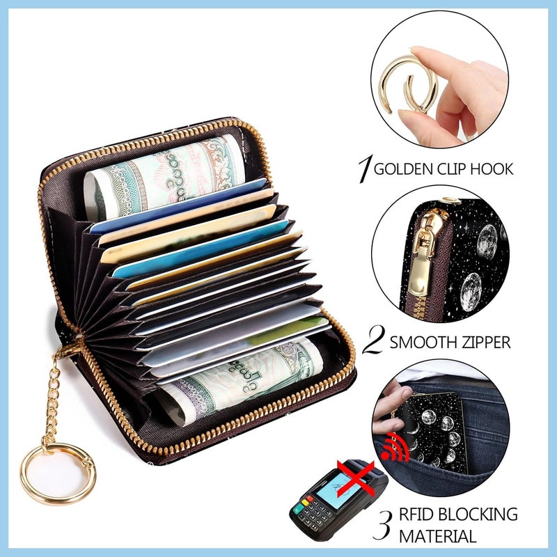 Blusabaca Credit Card Holder for Women, Moon Small RFID Blocking Wallet with Wristlet Strap, Keychain Zipper Women Wallet, Leather Card Case, Card Wallet Purse with Key Lanyard - Image 5